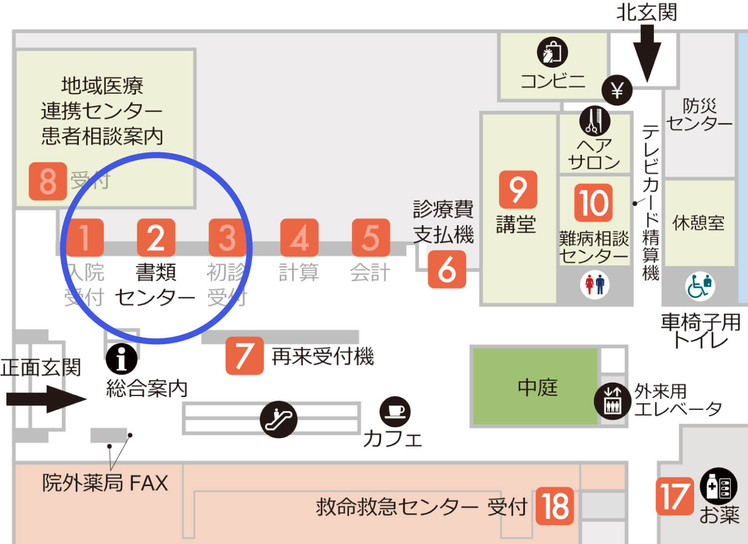 正面玄関入って左側に2番「書類センター」があります